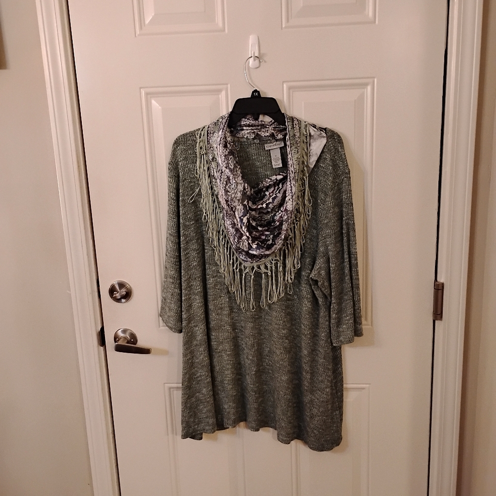 Green Knit Tunic with Fringe Scarf From Catherine's. Size 1x